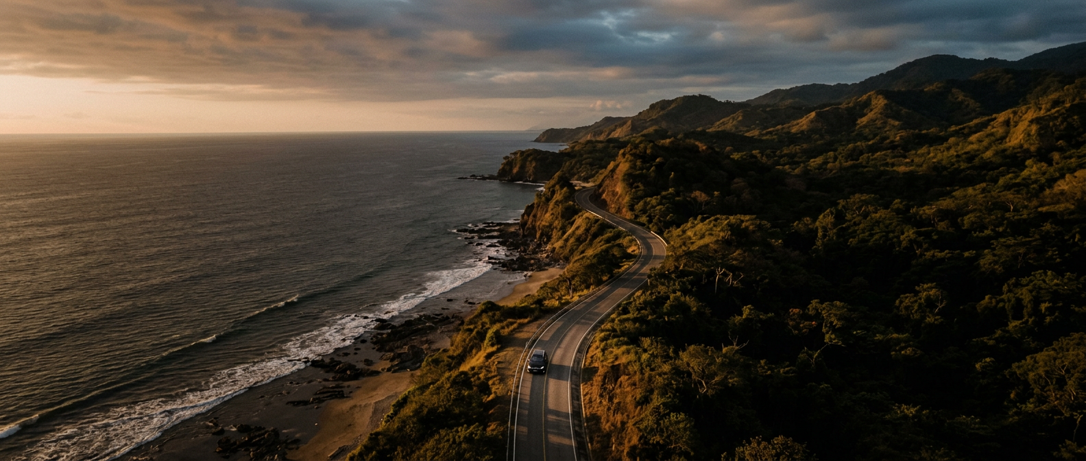 Sedán de lujo negro recorriendo una carretera costera junto al océano Pacífico al atardecer.