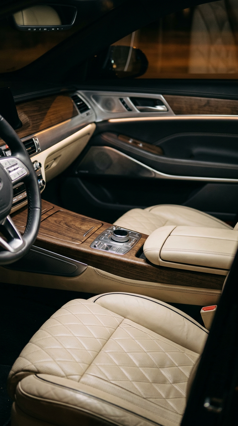Interior de un automóvil de lujo con asientos de cuero acolchado color crema, costuras finas y molduras de madera.